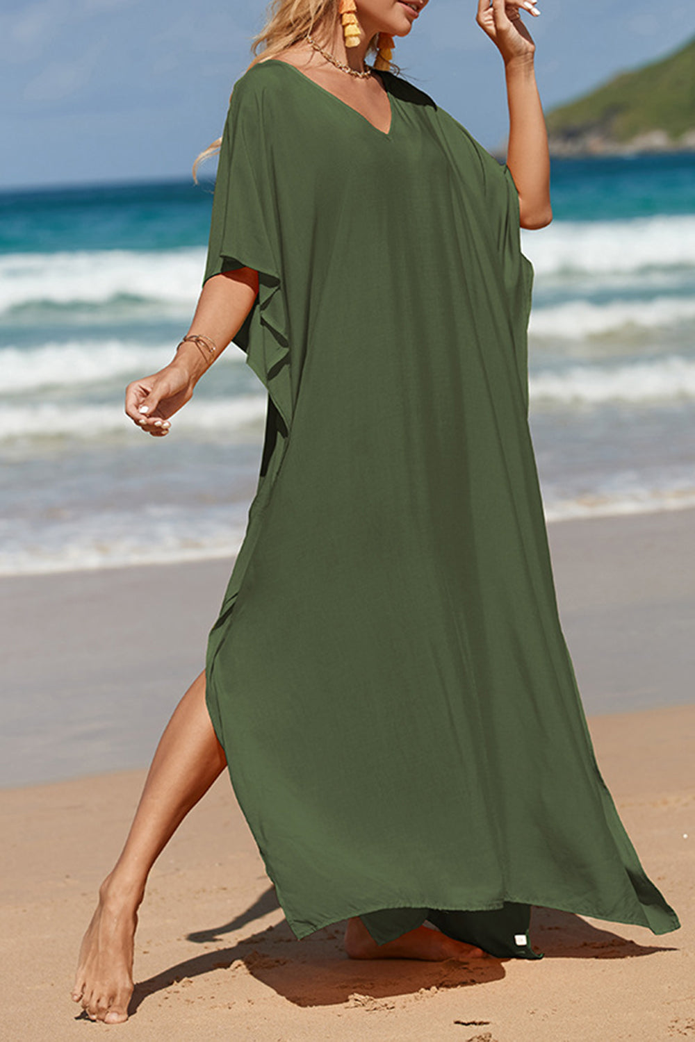 Slit V-Neck Half Sleeve Cover-Up