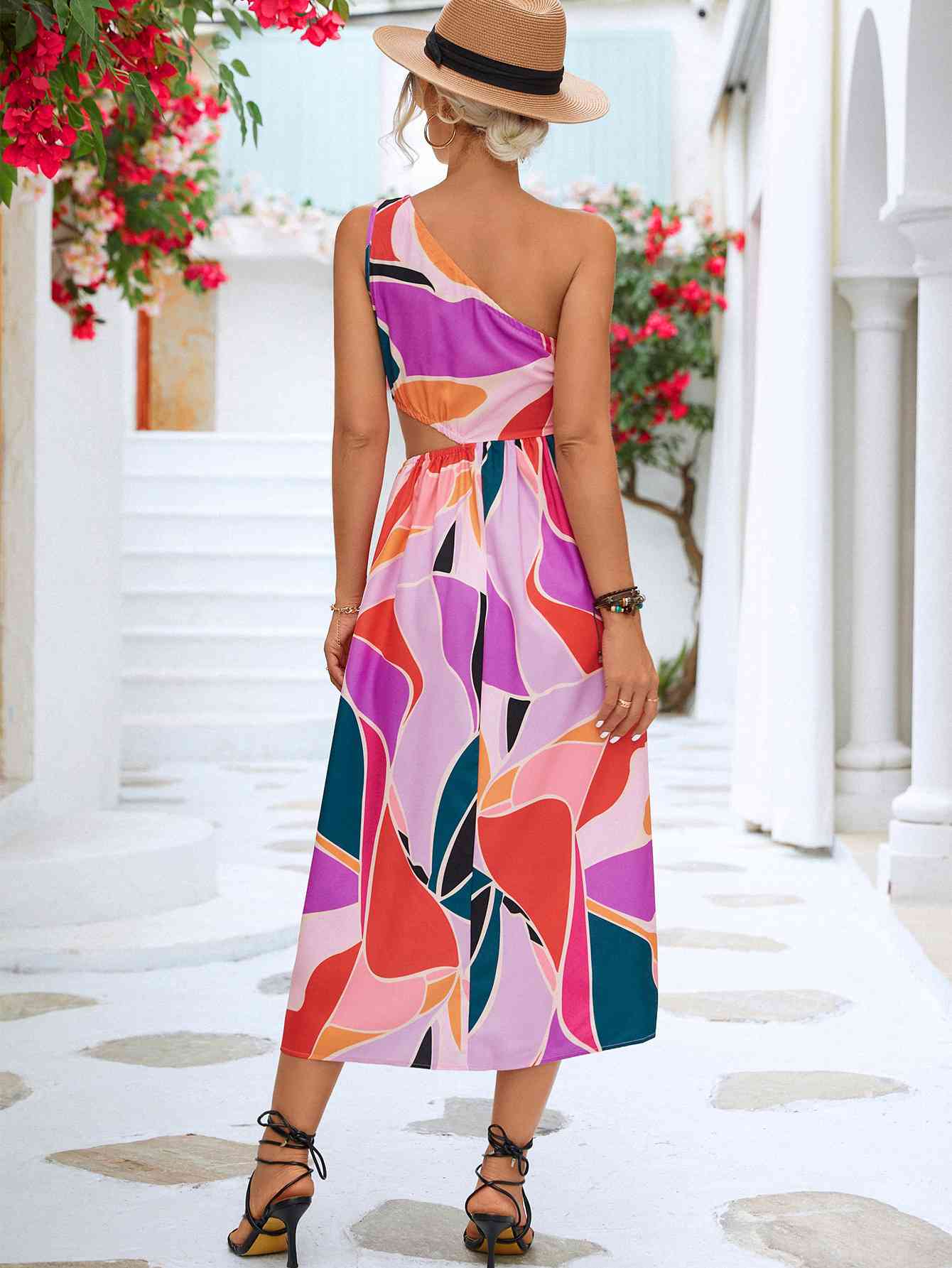 Printed Cutout One-Shoulder Sleeveless Dress