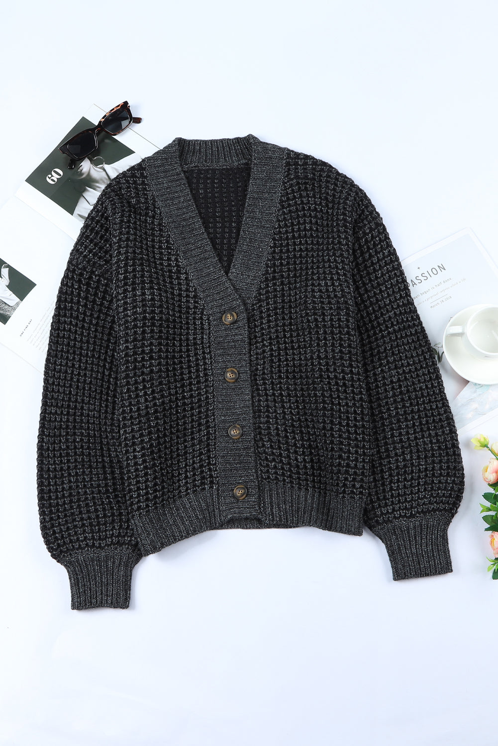 Woven Right Waffle-Knit Drop Shoulder Button-Down Cardigan