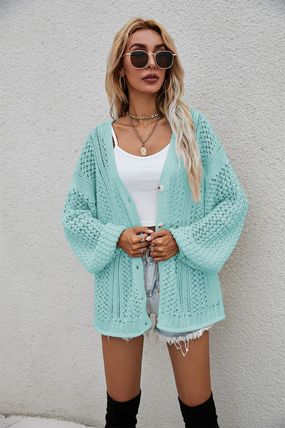 Openwork V-Neck Dropped Shoulder Cardigan