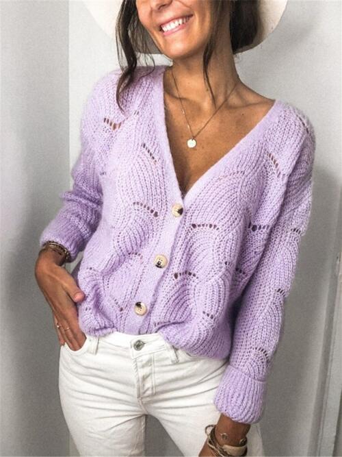 Openwork Button Up Long Sleeve Cardigan