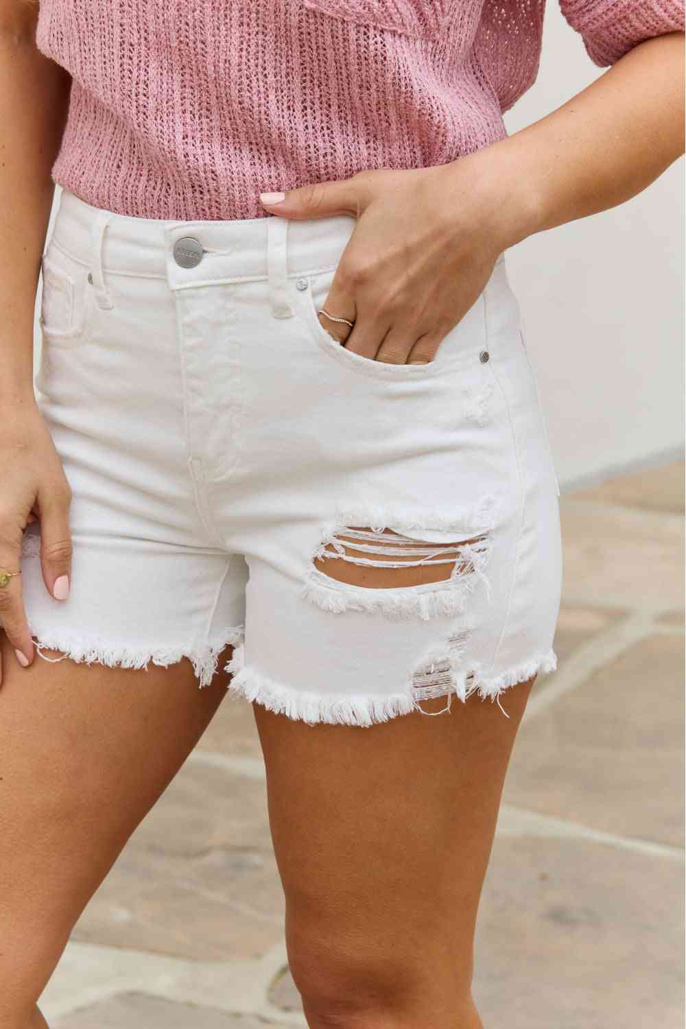 RISEN Lily High Waisted Distressed Shorts