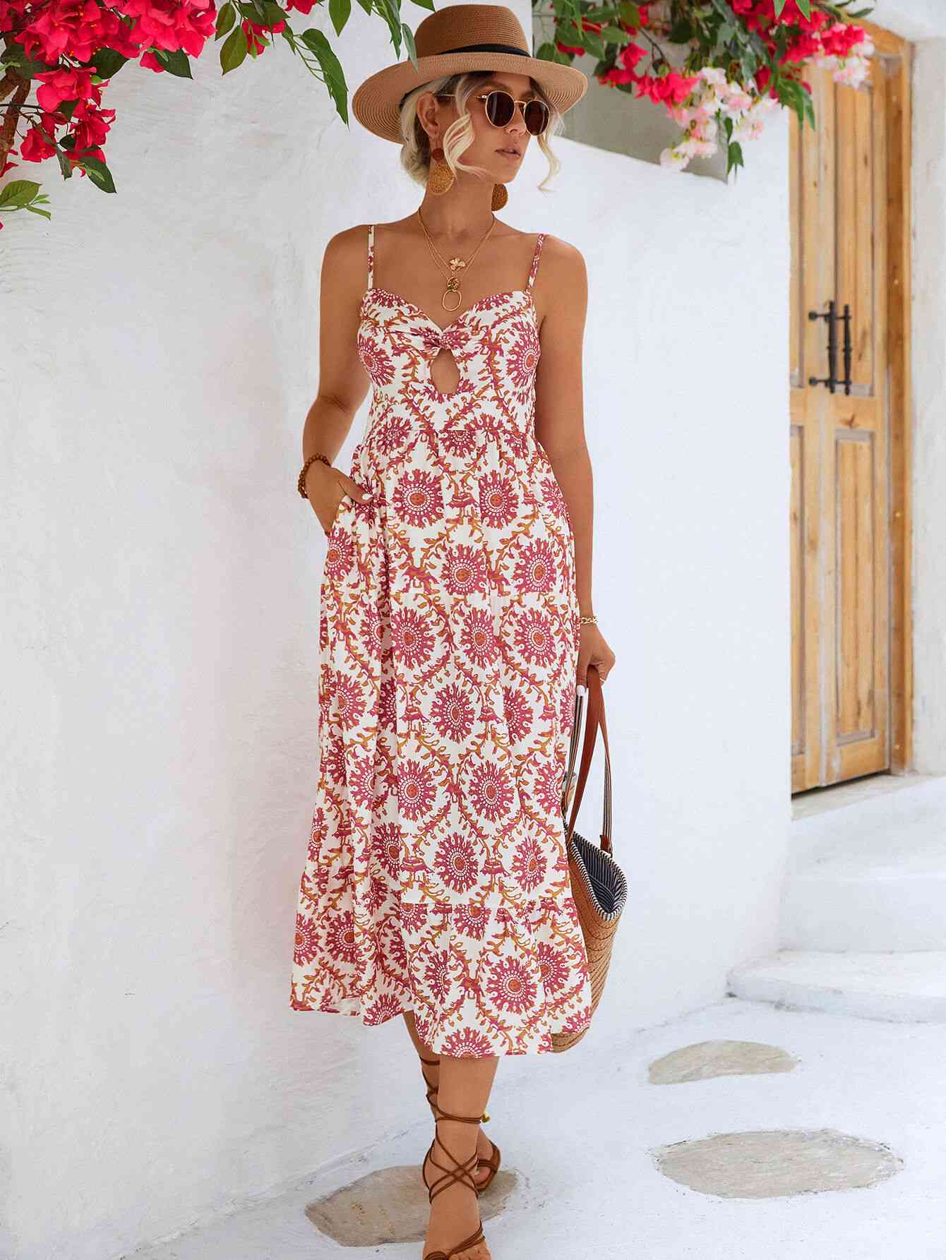 Printed Cutout Spaghetti Strap Midi Dress