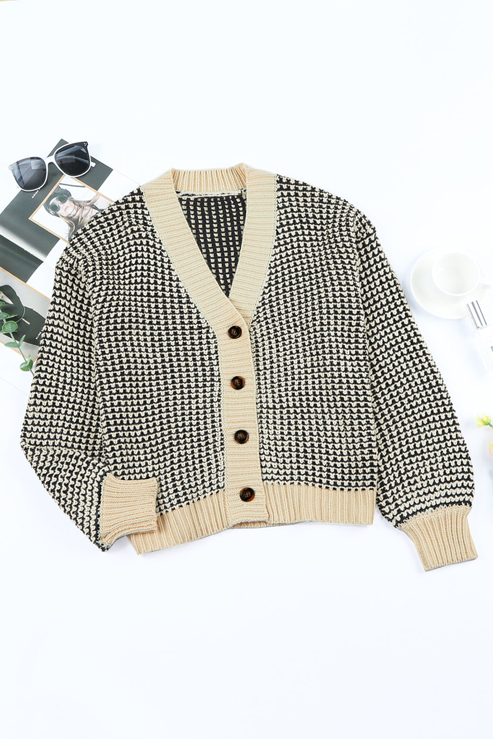 Woven Right Waffle-Knit Drop Shoulder Button-Down Cardigan