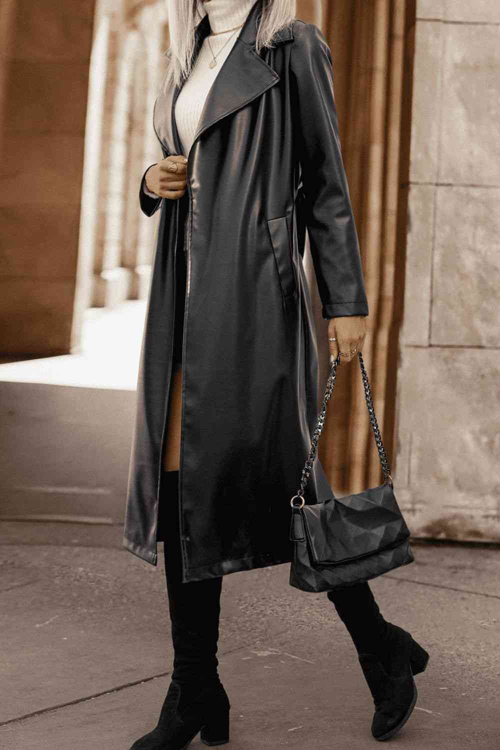 Lapel Collar Tie Waist Long Sleeve Trench Coat