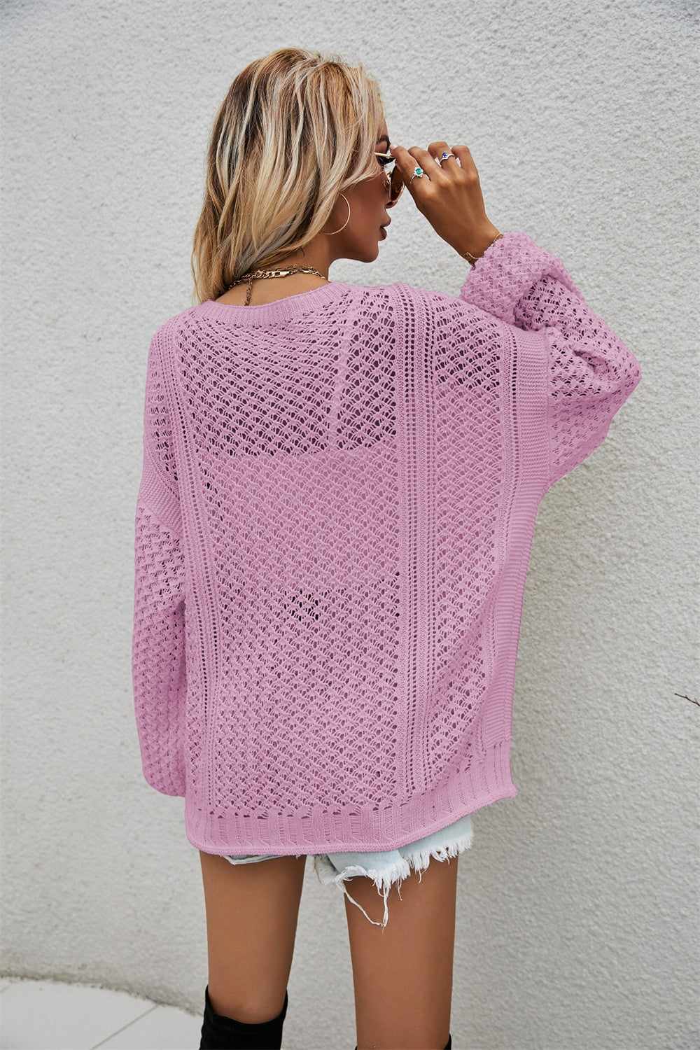 Openwork V-Neck Dropped Shoulder Cardigan