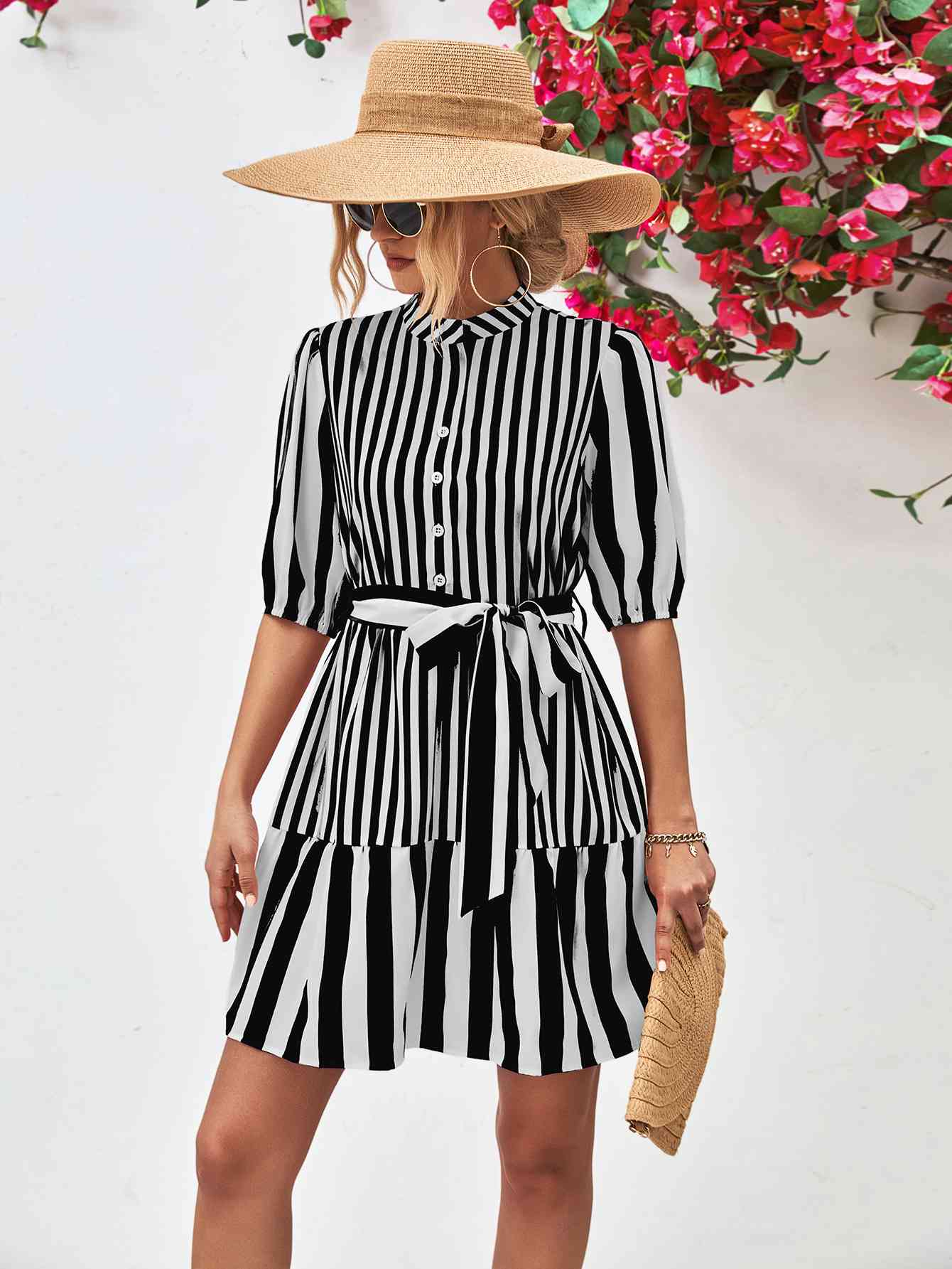 Striped Half Sleeve Tie Waist Mini Dress