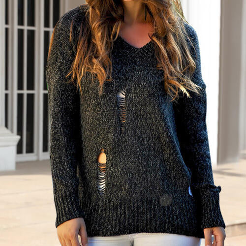 Distressed Dropped Shoulder Long Sleeve Sweater